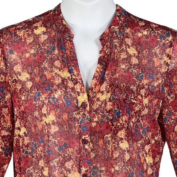 Kut From The Kloth Womens L Chiffon Sheer Floral Blouse Long Tab Sleeve Artsy - Picture 4 of 16